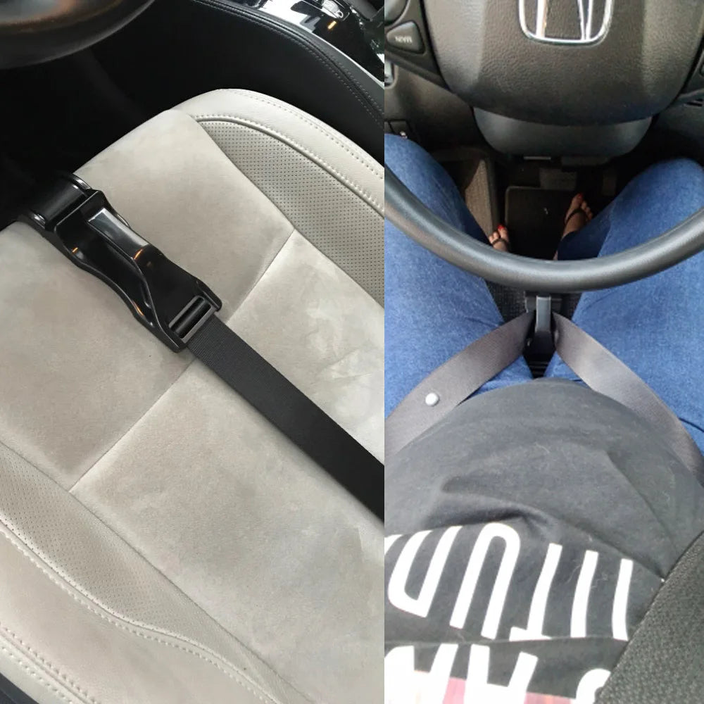 Expecting mother using the car seat belt adjuster for safer travel.